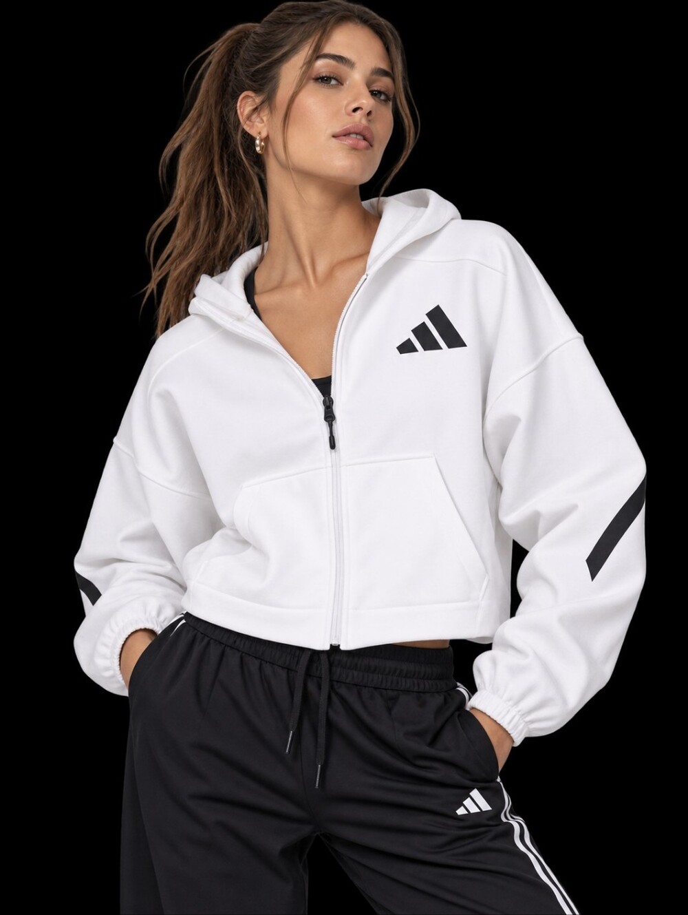 ADIDAS ZNE Women's Full Zip Hoodie Jacket XS White Cropped Athletic Logo Casual